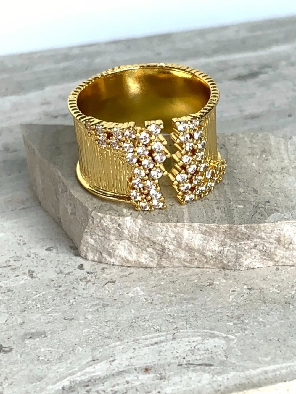 NEW Anthropologie Diamond Encrusted Wide Gold Band Ring